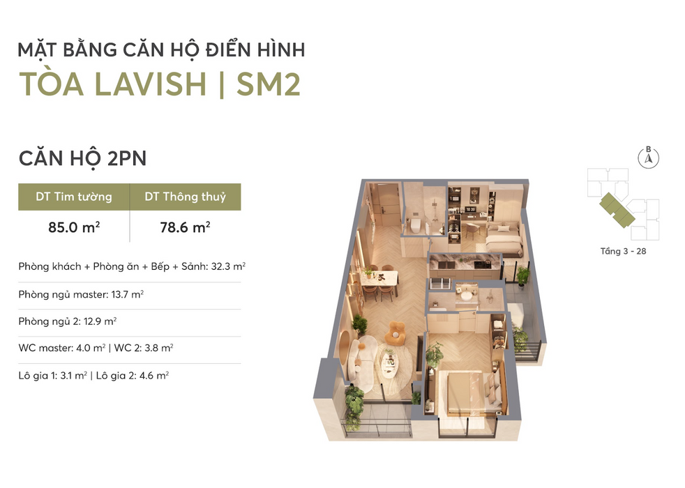 Mặt bằng căn 2 ngủ Greenera Southmark Ngọc Hồi