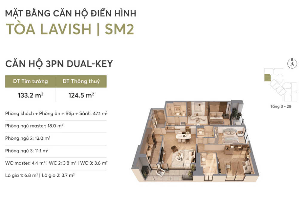 Mặt bằng 3 Phòng Ngủ Greenera Ngọc Hồi